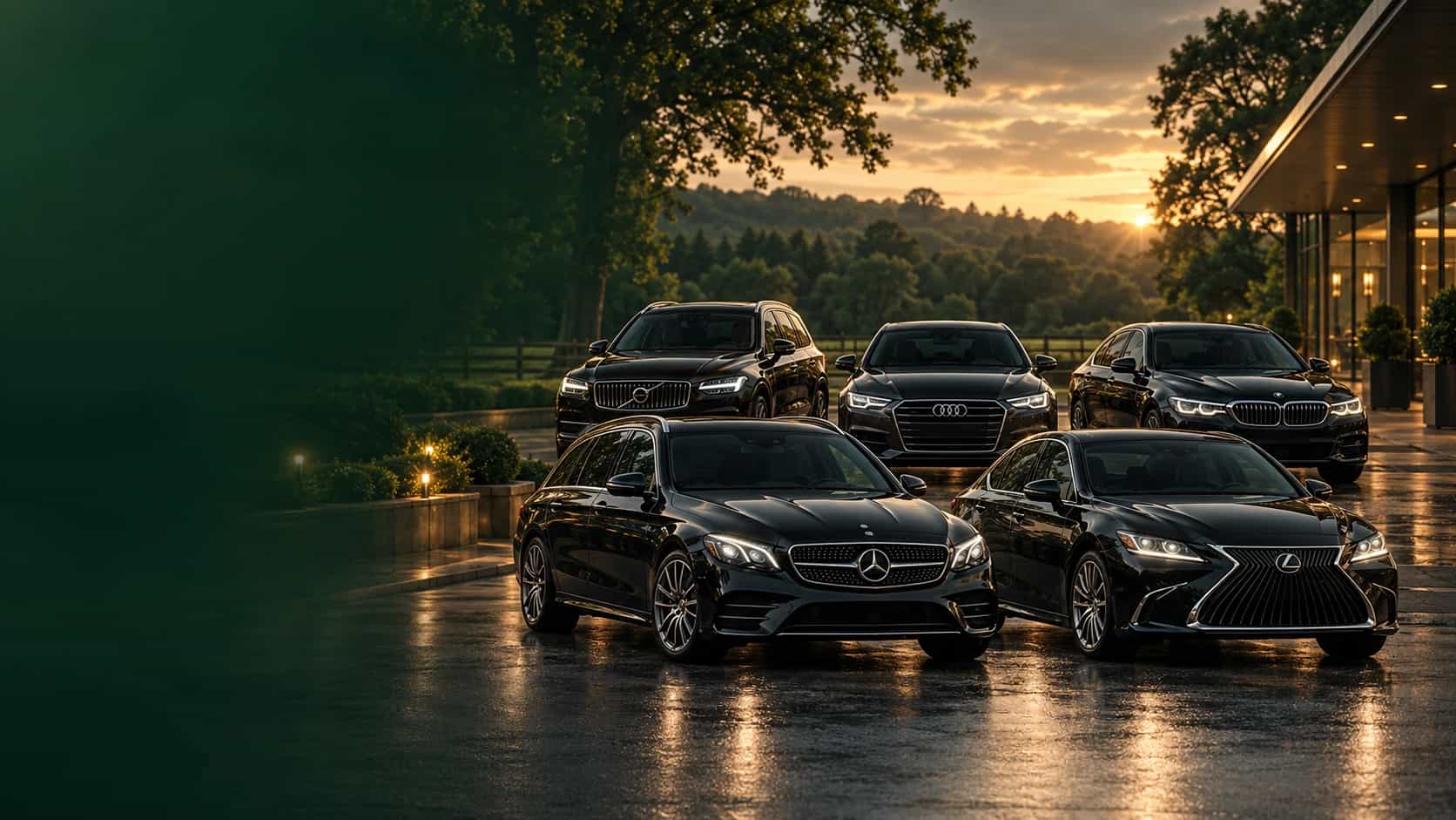 King Taxi executive fleet lined up at dusk in the New Forest